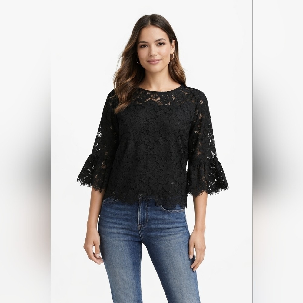 Banana Republic Women's Lace Eyelit See Through Flare Sleeve Top Black Size S